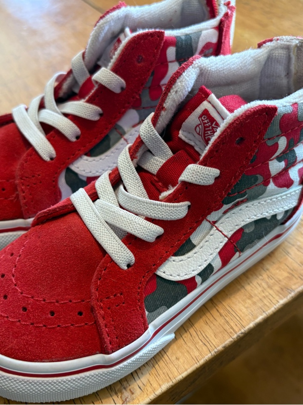 Vans Kids Red Suede High-Top Sneakers with White Stripe and Camo
